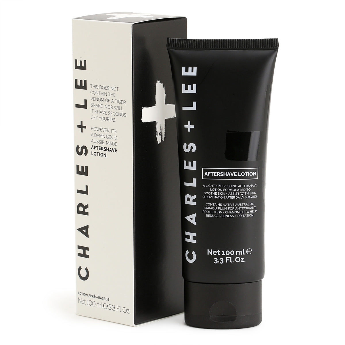 Aftershave lotion in black tube with signature black and white box