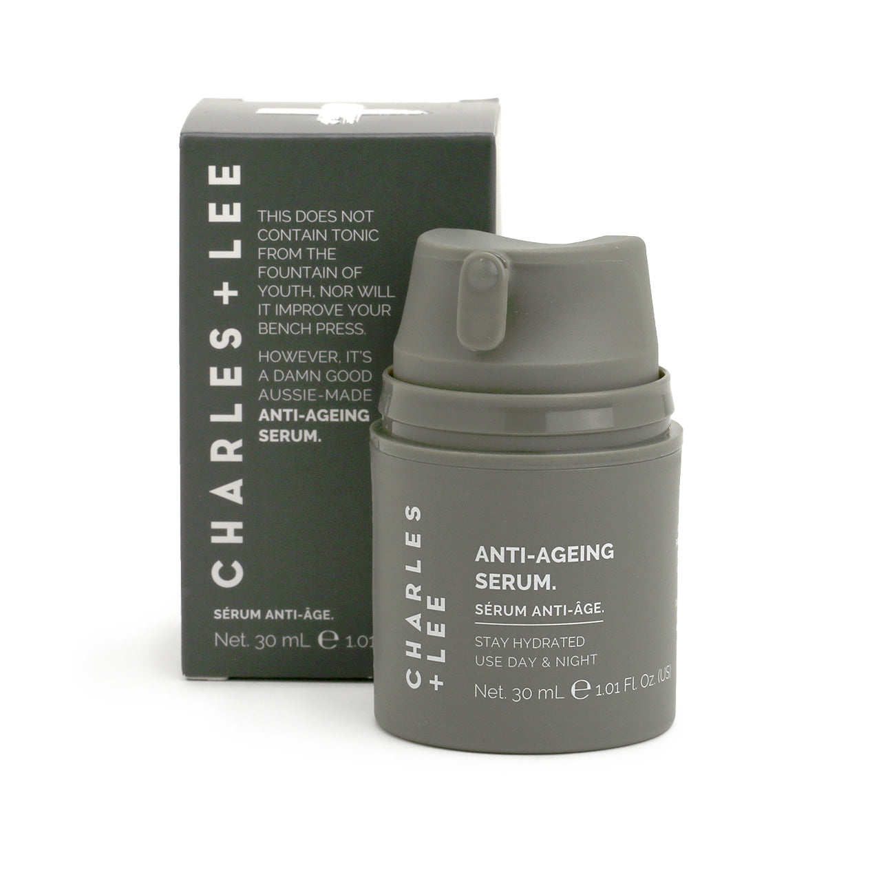 Charles & Lee Anti-Ageing Serum 30ml in a grey pump pack with a lid.
