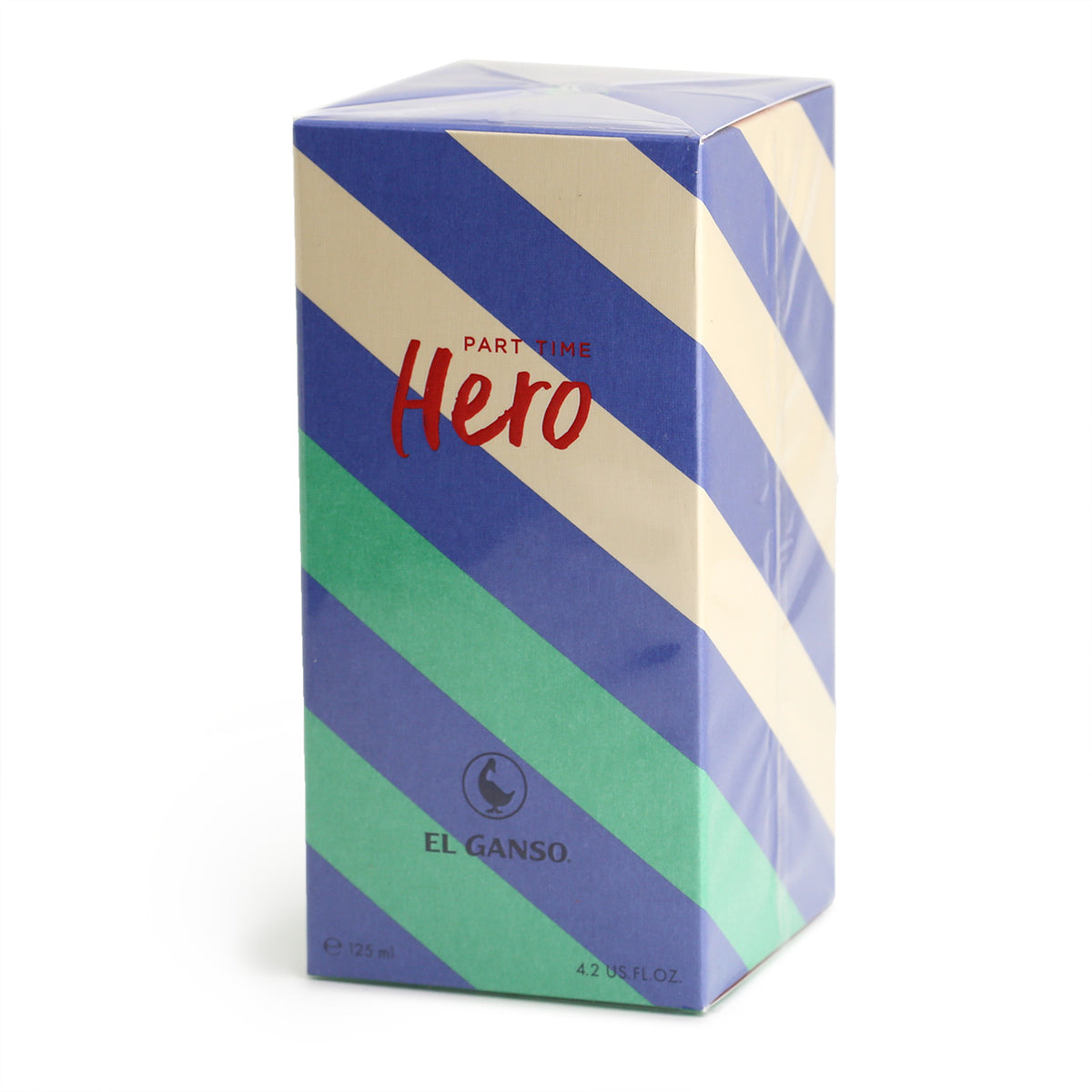 Part Time Hero packaging is a green, blue and natural coloured box with diagonal stripes and red graphic text
