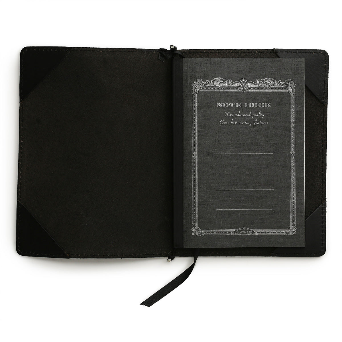 Open view of black leather notebook showing the black Apica A6 notebook and ribbon bookmark
