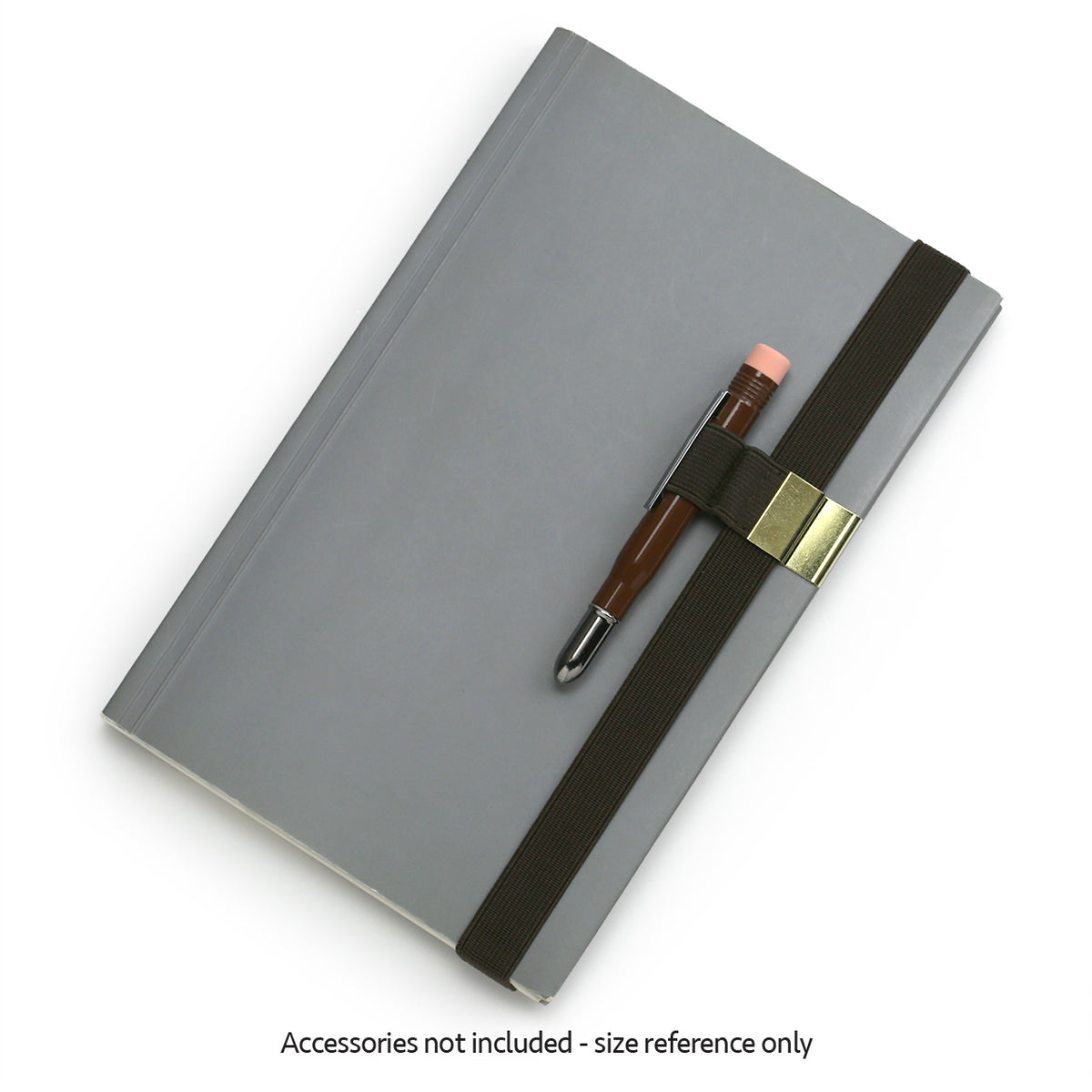 Brown penholder band with brass clip shown in use on a book with a pencil for size reference