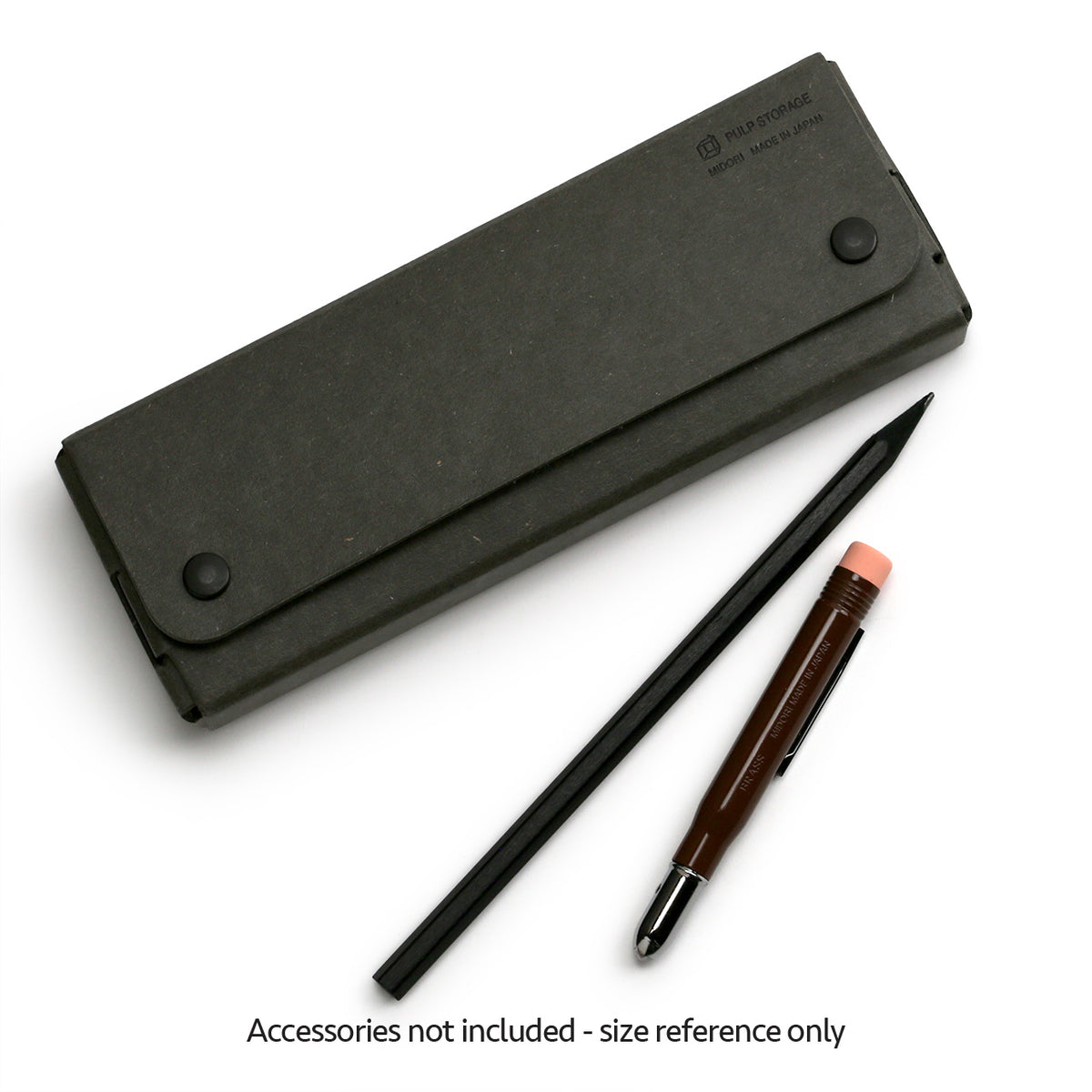 black peencil case shown with two pencils for size reference