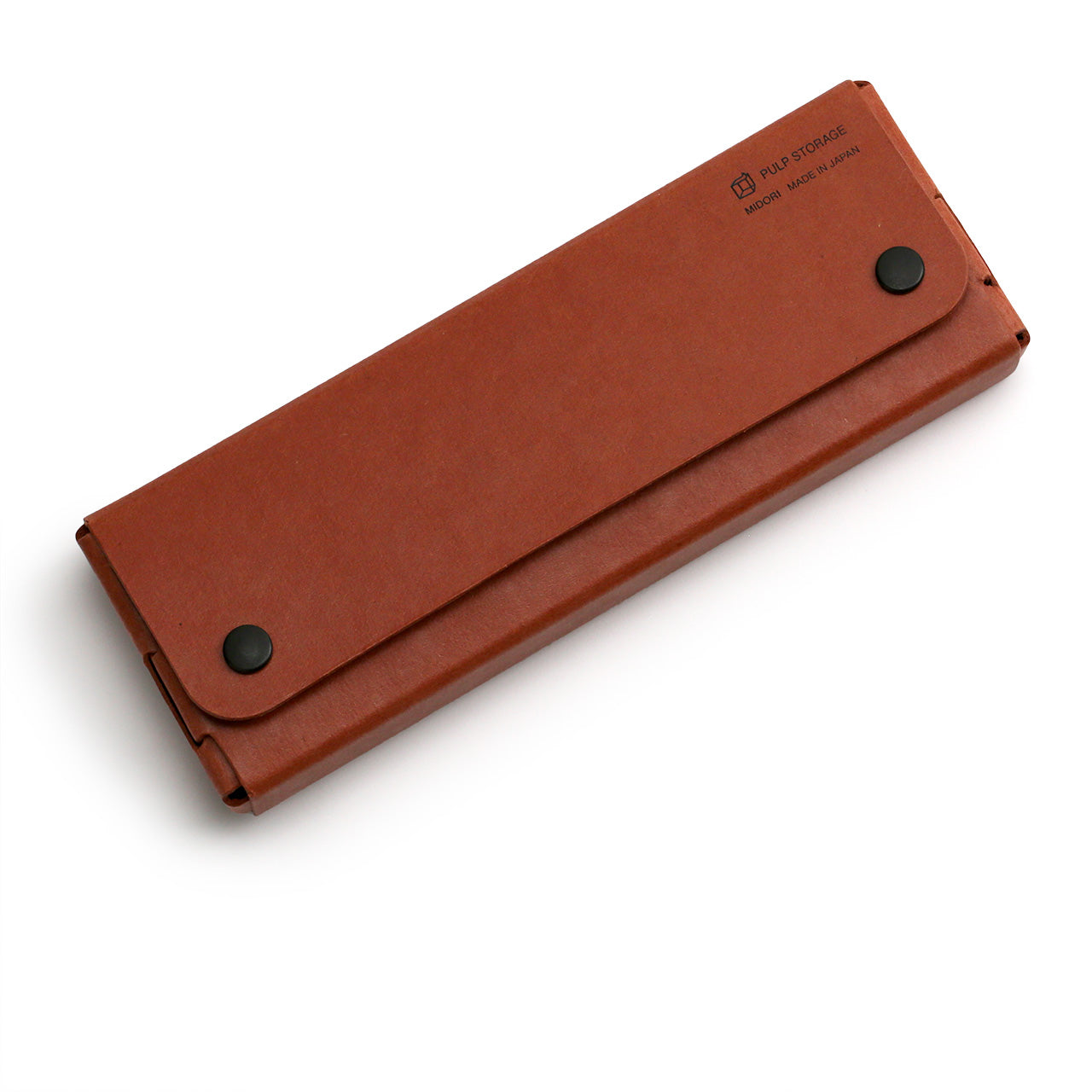 Tan pencil case made from paper pulp is a hard finish folded into a protective pencil case with stud closures