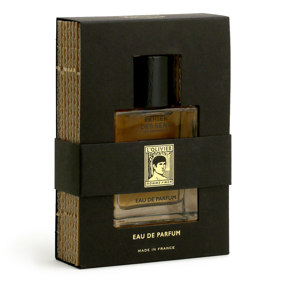 black and corrugated cardboard packaging for the Panier des Sens L&#39;Olivier Homme Eau de Parfum