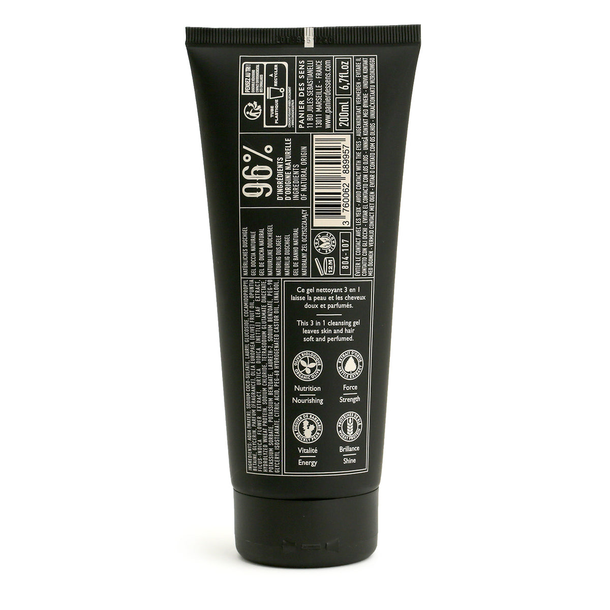 back of the tube of cleansing gel showing the specifications - 96% ingredients of natural origin