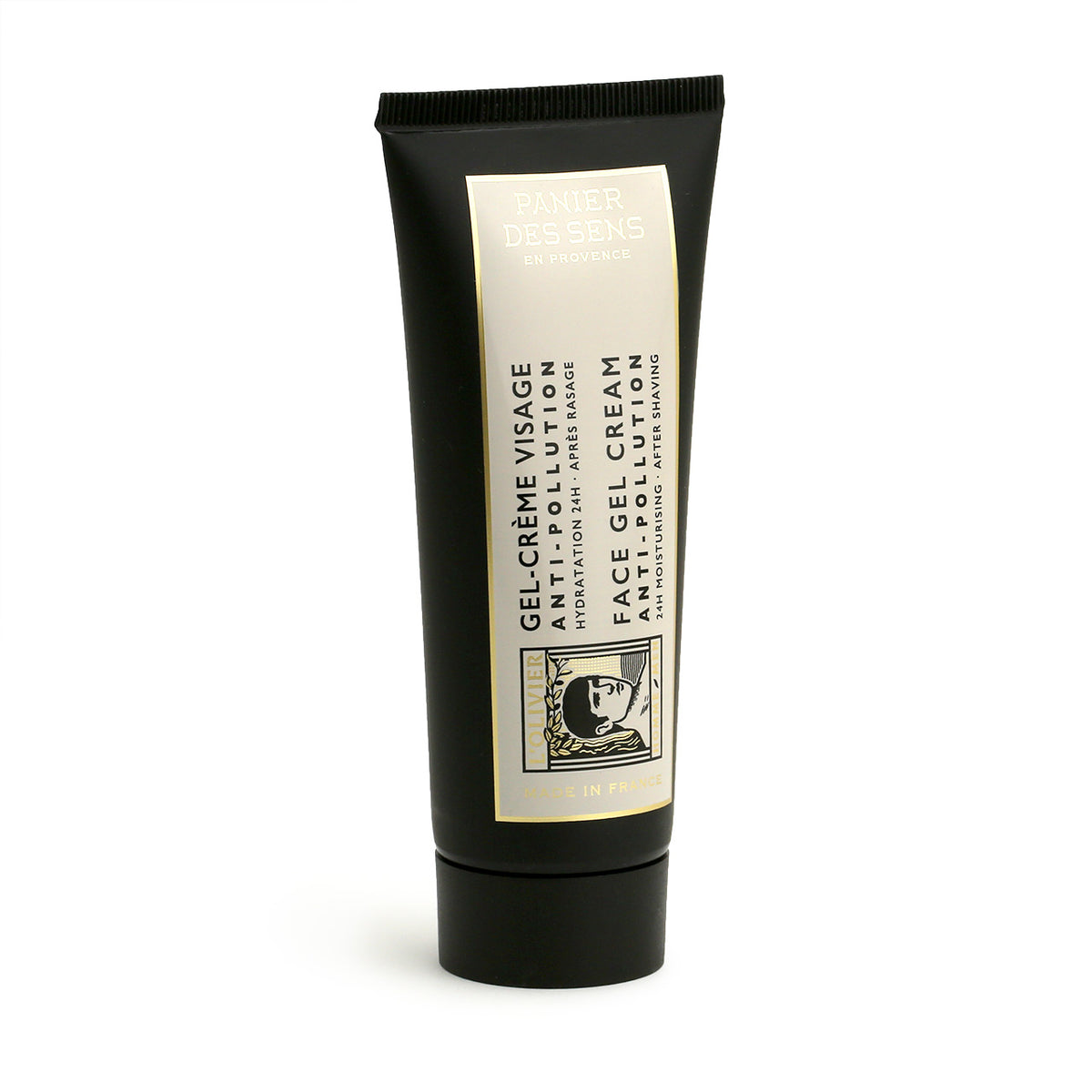 Face cream gel from Panier des Sens L&#39;Olivier Homme, black tupbe with cream, gold and black graphics