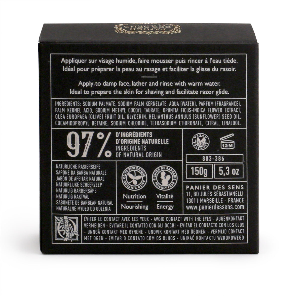 back of the black box showing the specifications of the soap - 97%ingredients of natural origin