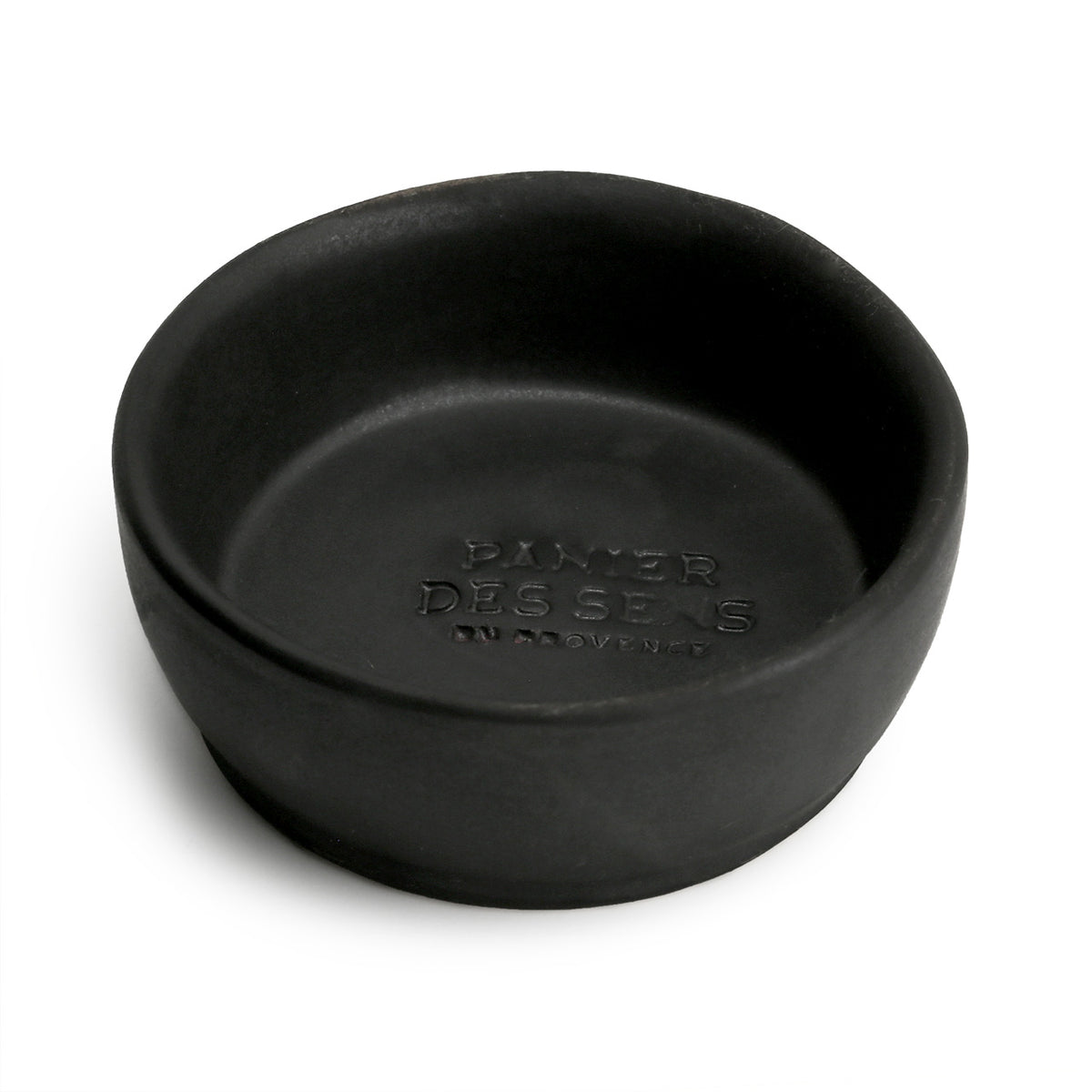 black terracotta shave soap bowl with logo impression inside the base