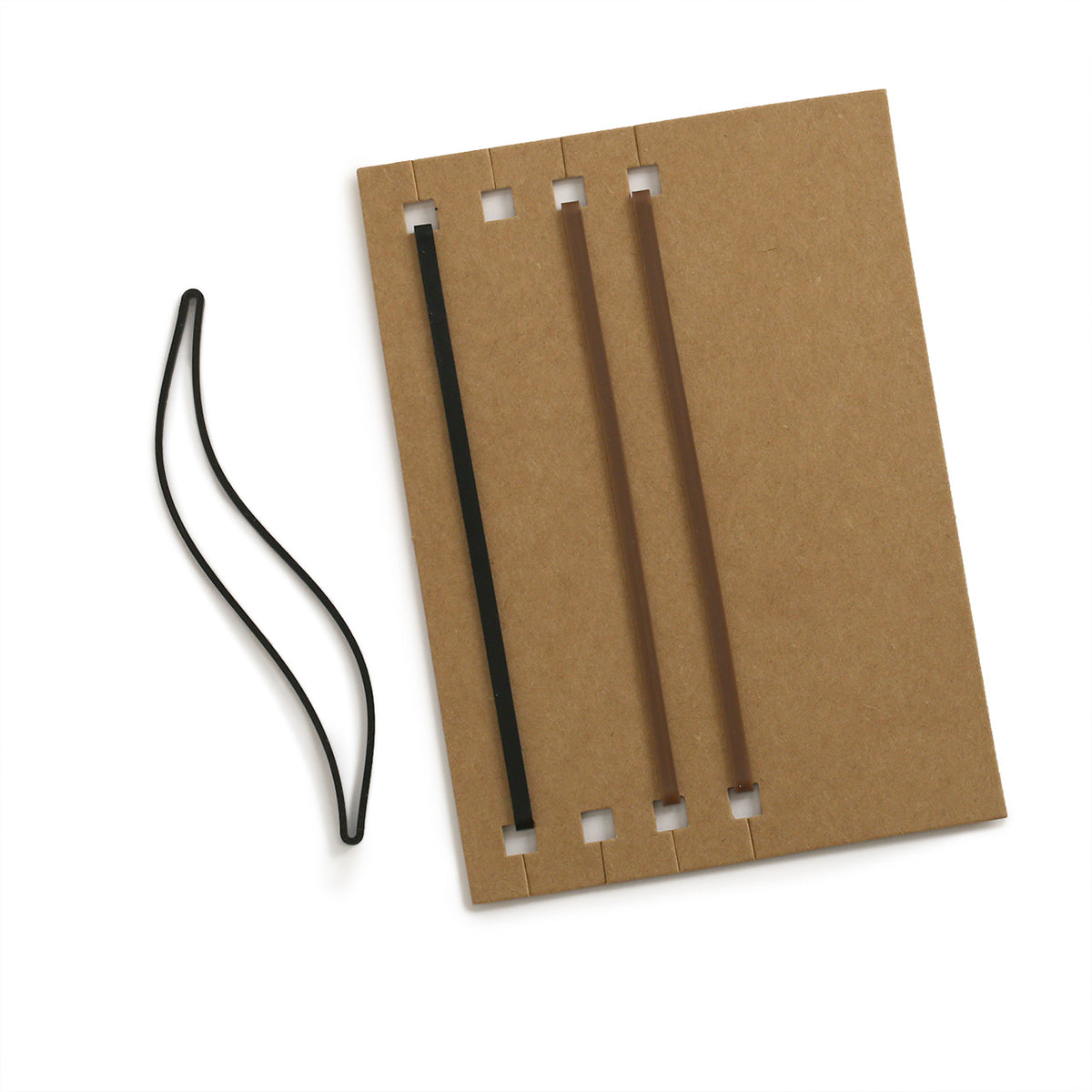 heavy kraft card which holds 4 connecting bands, one black band is removed to show the side width and shape 