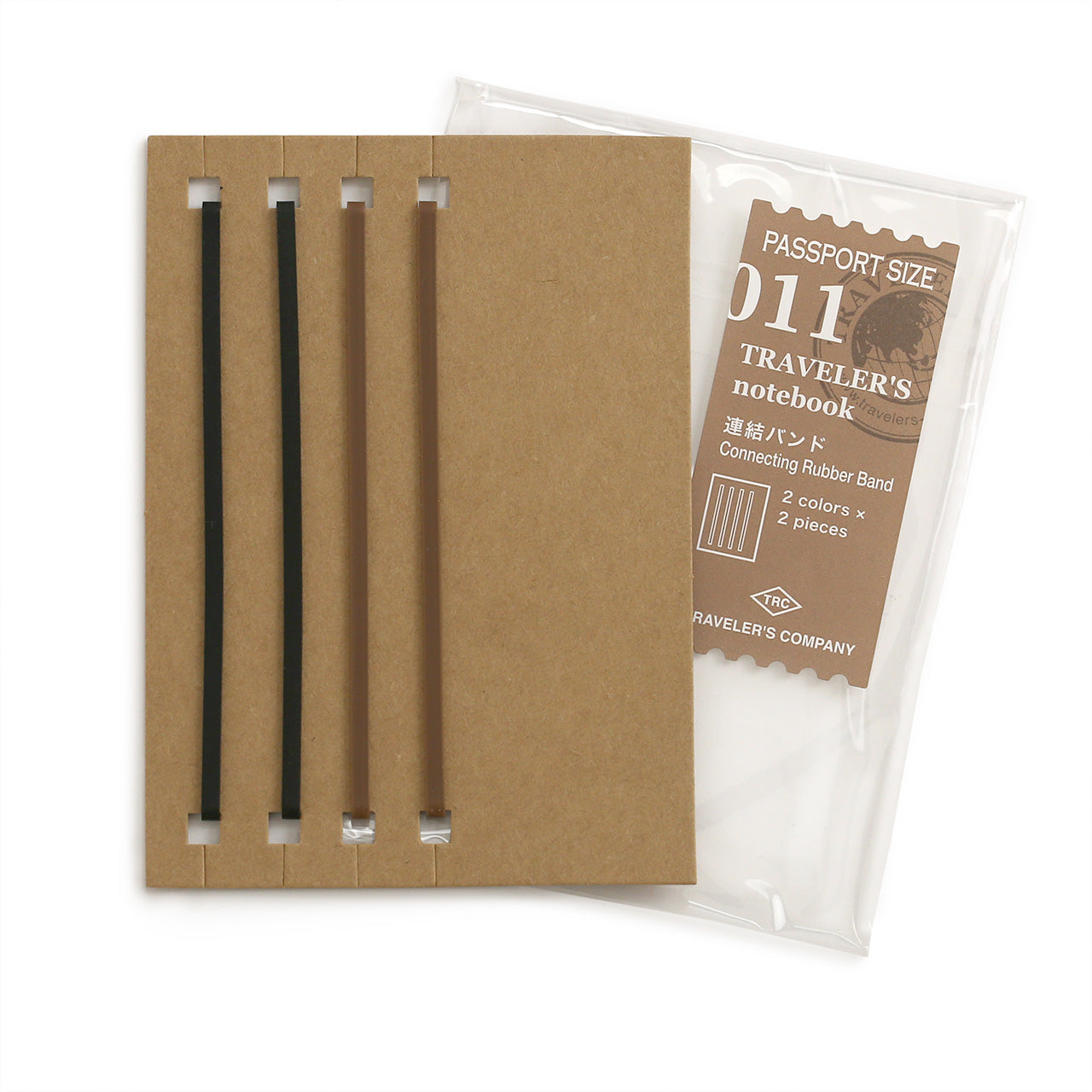 Connecting bands for passport sized notebooks, card with brown label