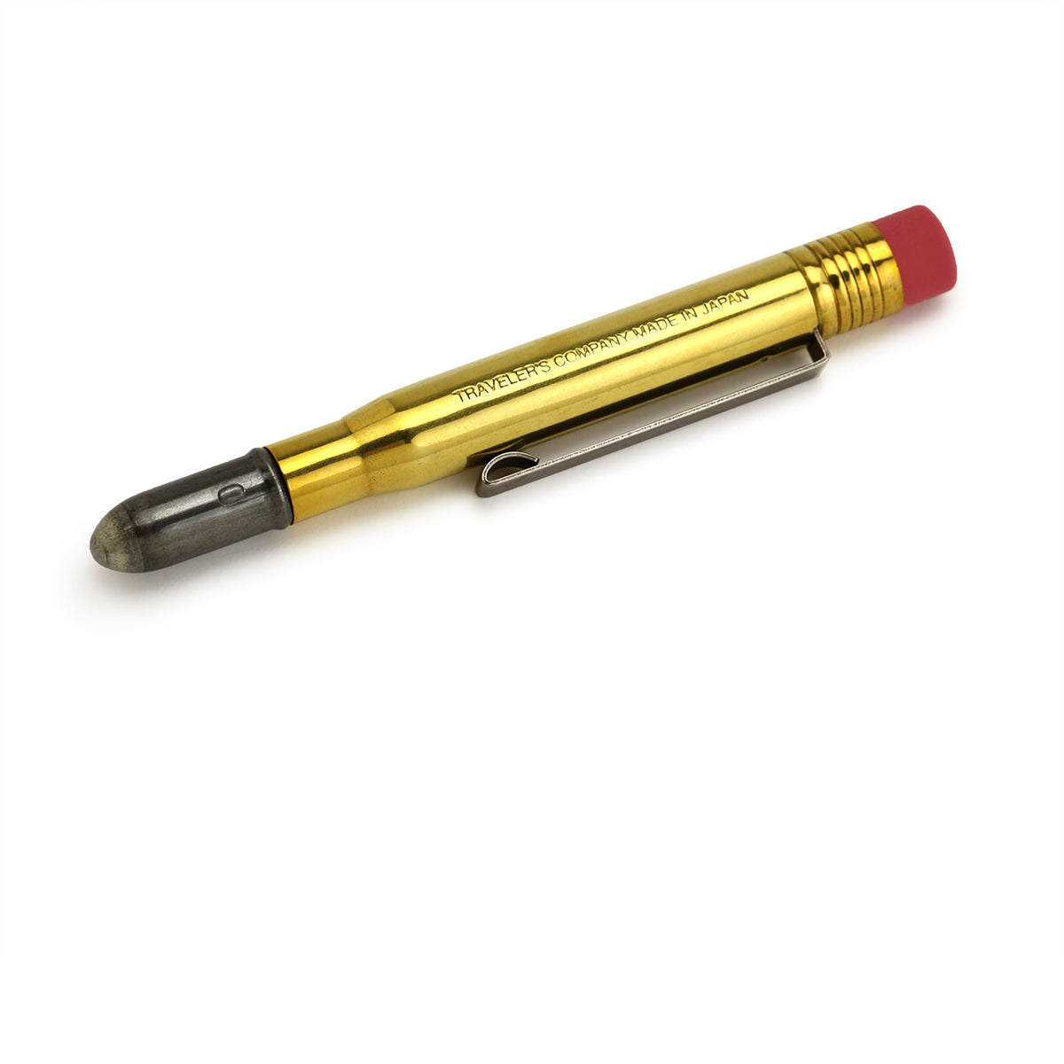 compact brass pencil with gray metal cap and pink eraser