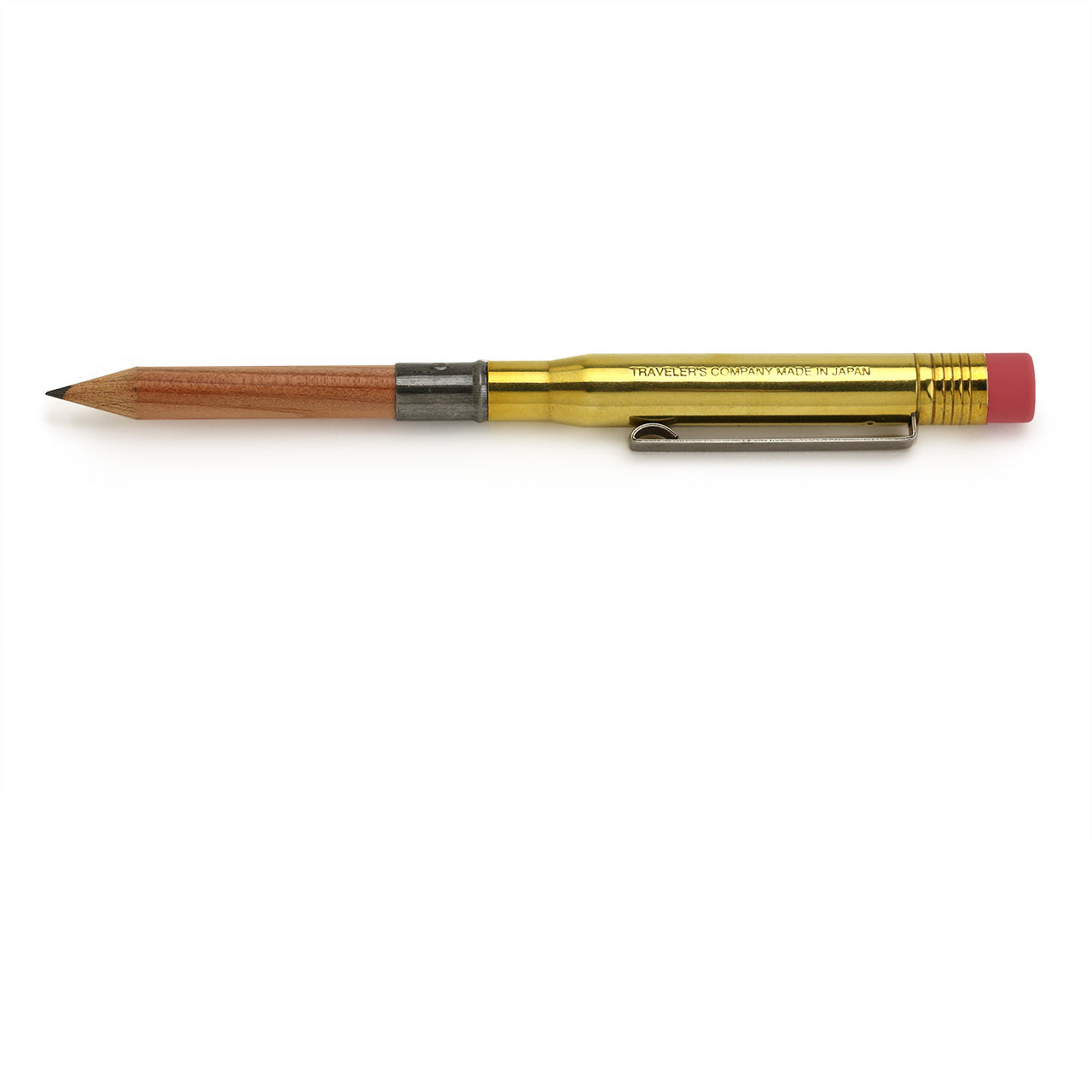 Brass pencil fully assembled with clip and eraser on one end, and the wooden pencil in the other