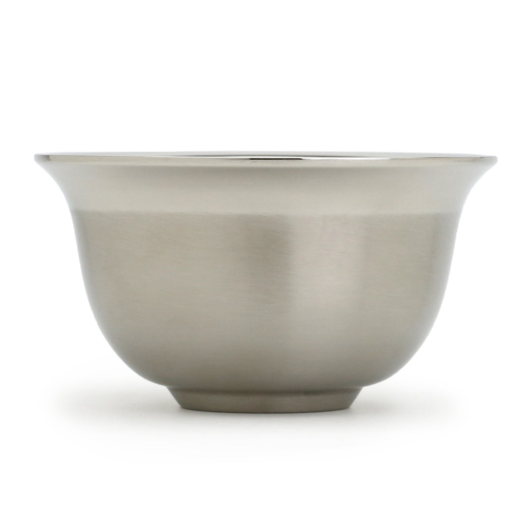 The Stray Whisker's stainless steel lather bowl, three quarter top view