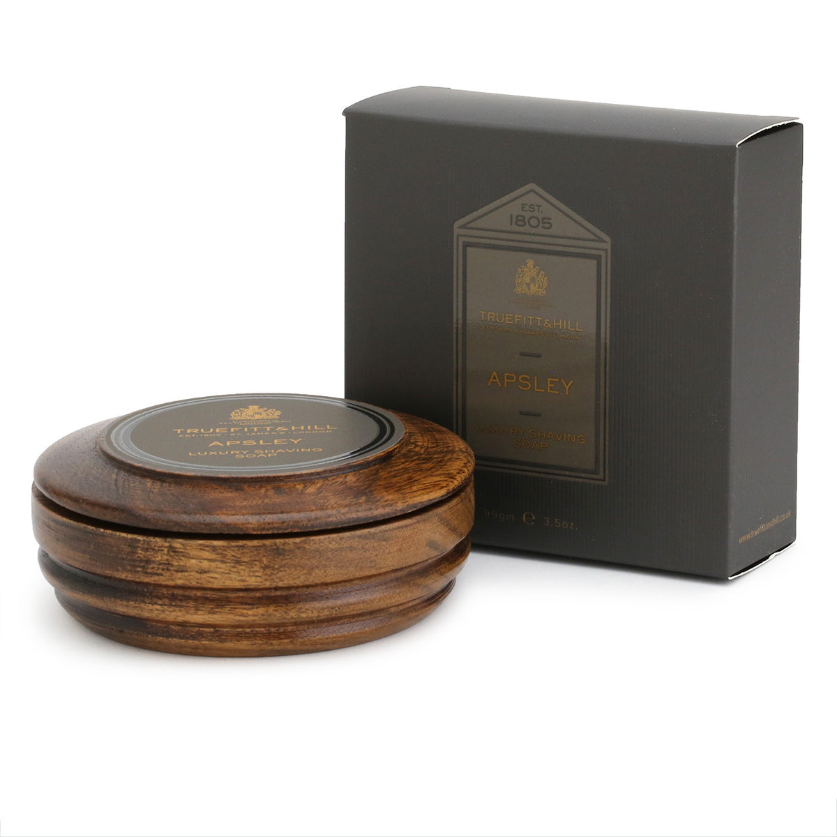 Truefitt &amp; Hill Shaving Soap in a wooden bowl, with packaging