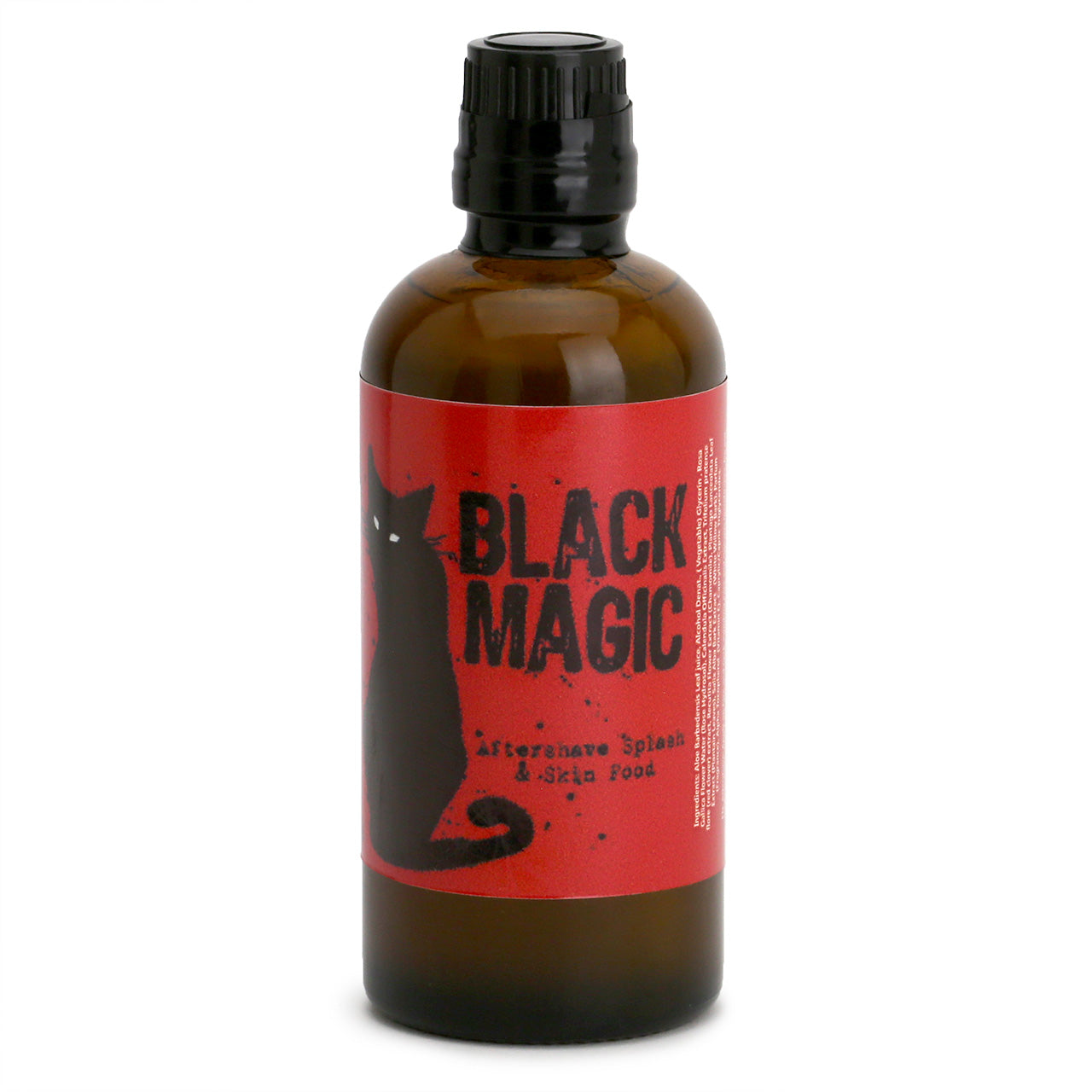 Ariana & Evans Black Magic After Shave Splash & Skin Food The Label is red with a black cat silhouette with white eyes