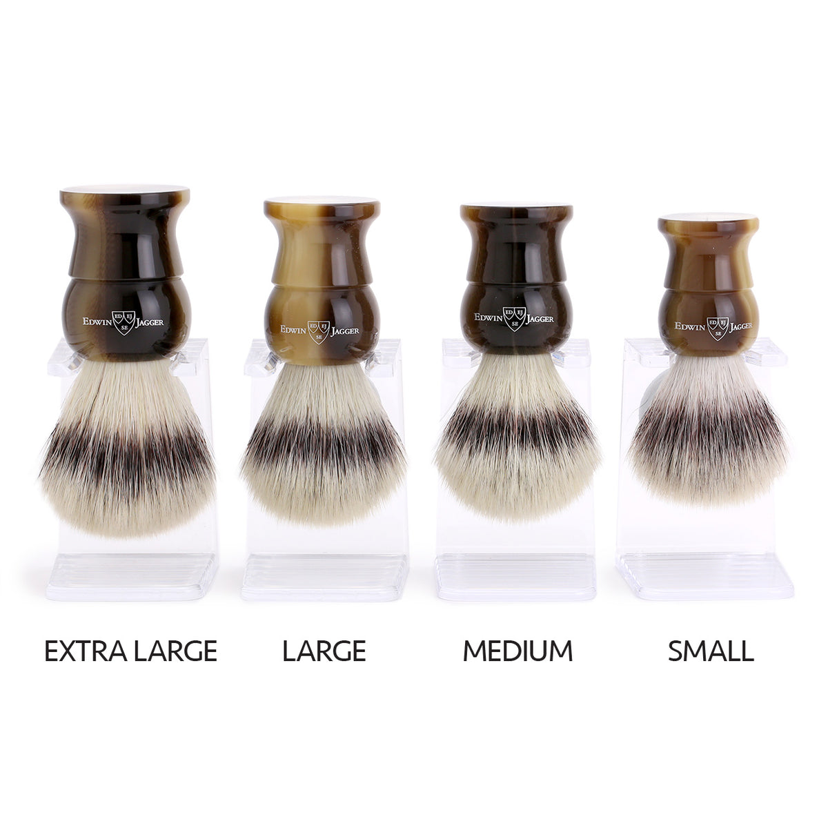 Edwin Jagger Cruelty-Free Horn shaving brushes comparison of 4 sizes