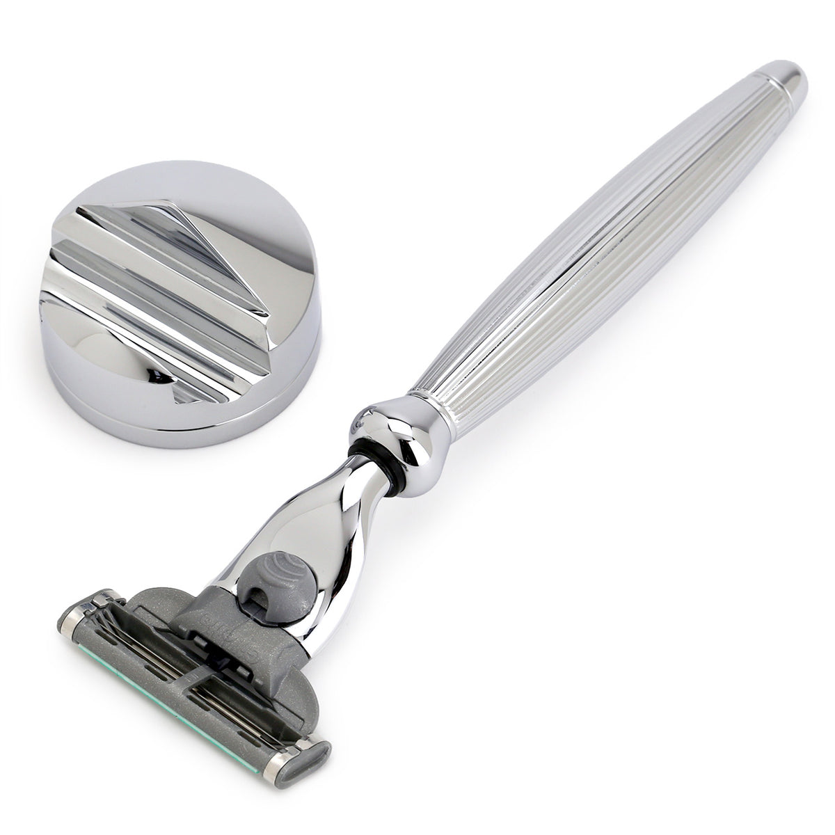 Edwin Jagger Mach3 Razor &amp; Stand Lined Chrome Bulbous, top view