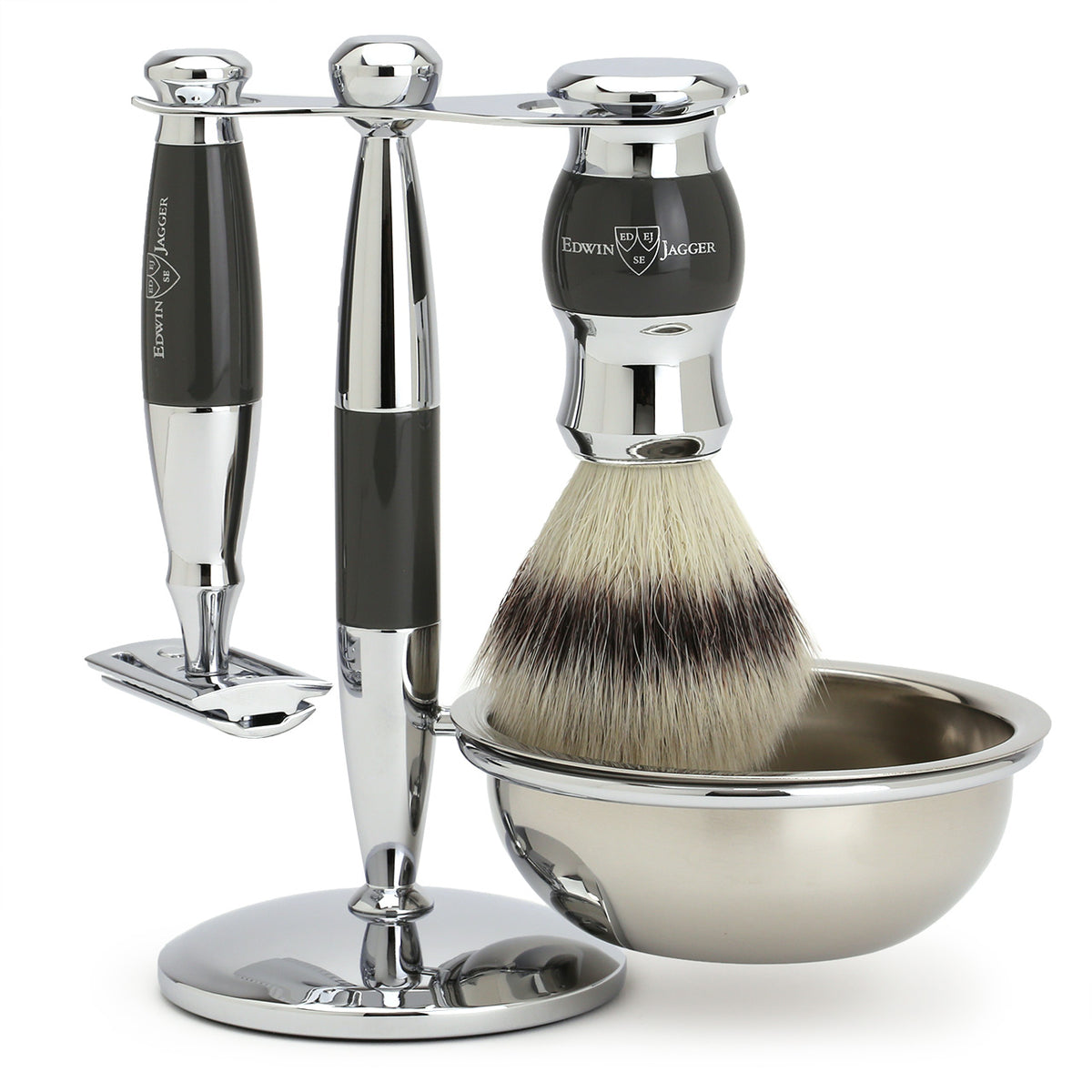 Edwin Jagger Shaving Set with Shaving Brush, Safety Razor, Stand and Soap Bowl - Grey