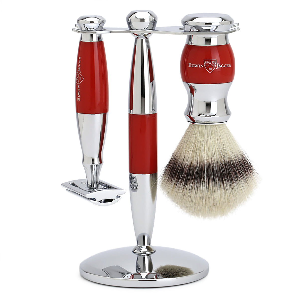 Edwin Jagger Shaving Set with Safety Razor, Shaving Brush and Stand - Red