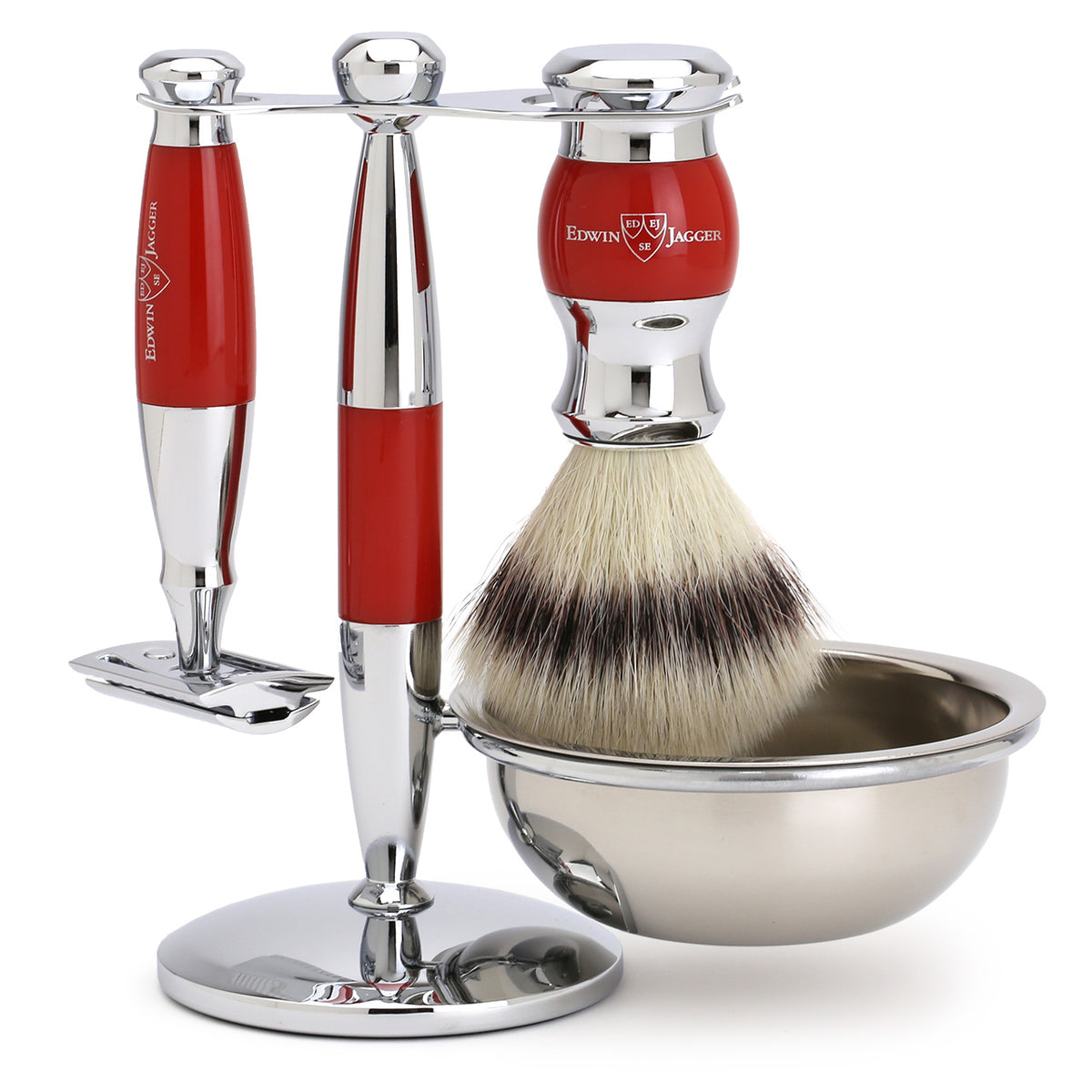 Edwin Jagger Shaving Set with Shaving Brush, Safety Razor, Stand and Soap Bowl - Red