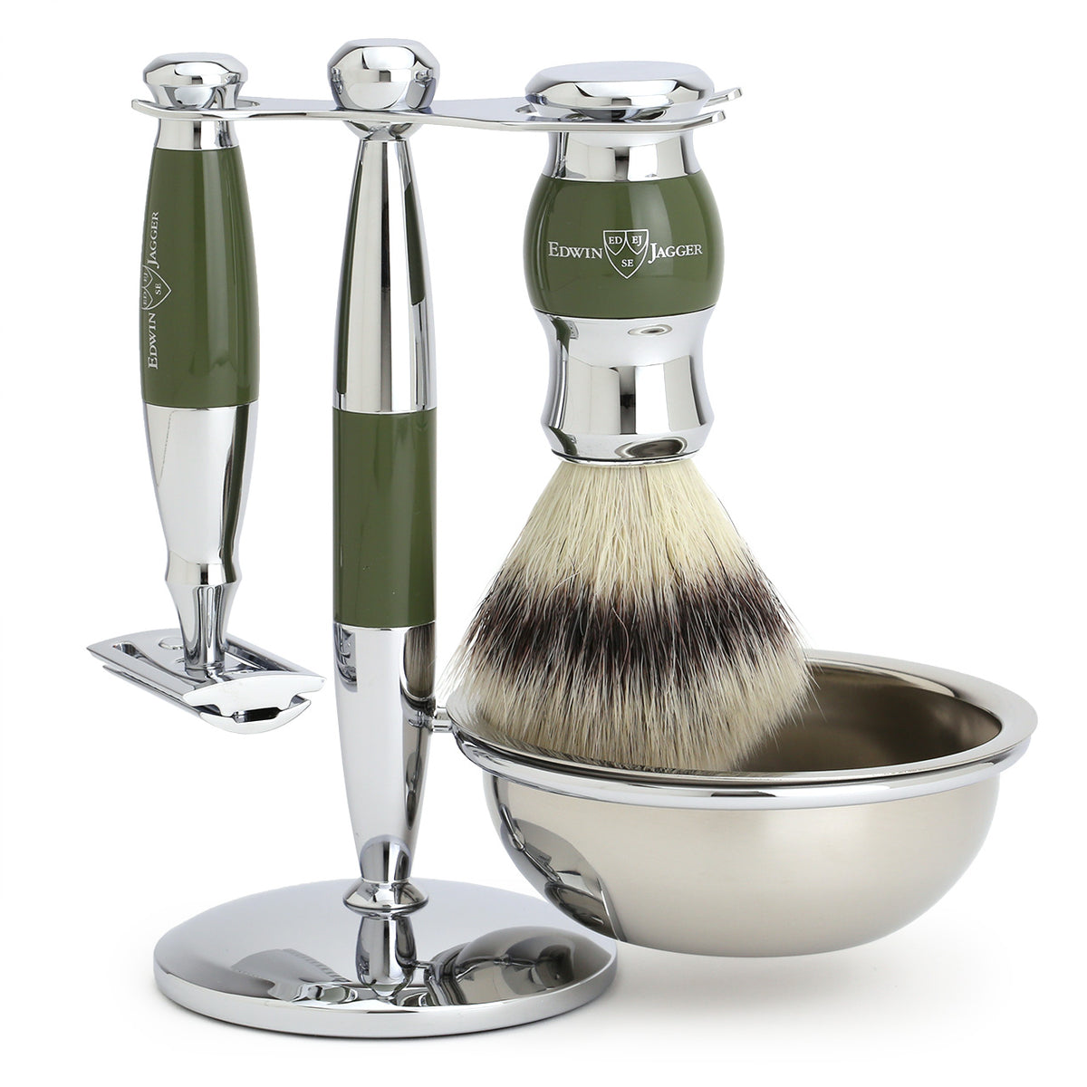 Edwin Jagger Shaving Set with Shaving Brush, Safety Razor, Stand and Soap Bowl - Olive Green