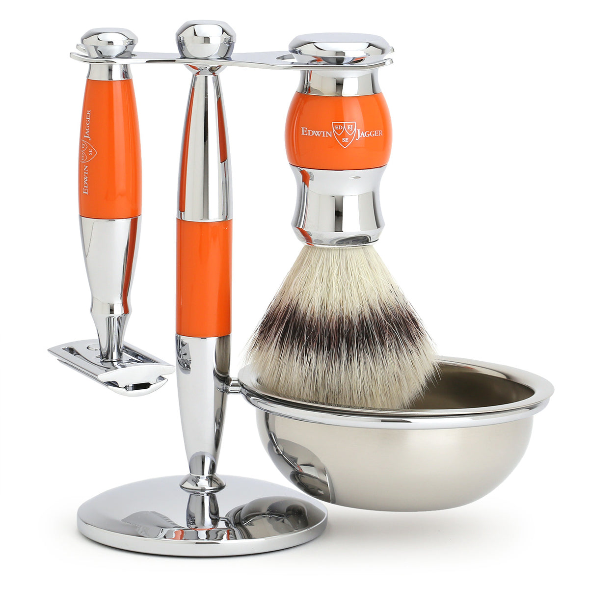Edwin Jagger Shaving Set with Shaving Brush, Safety Razor, Stand and Bowl - Orange