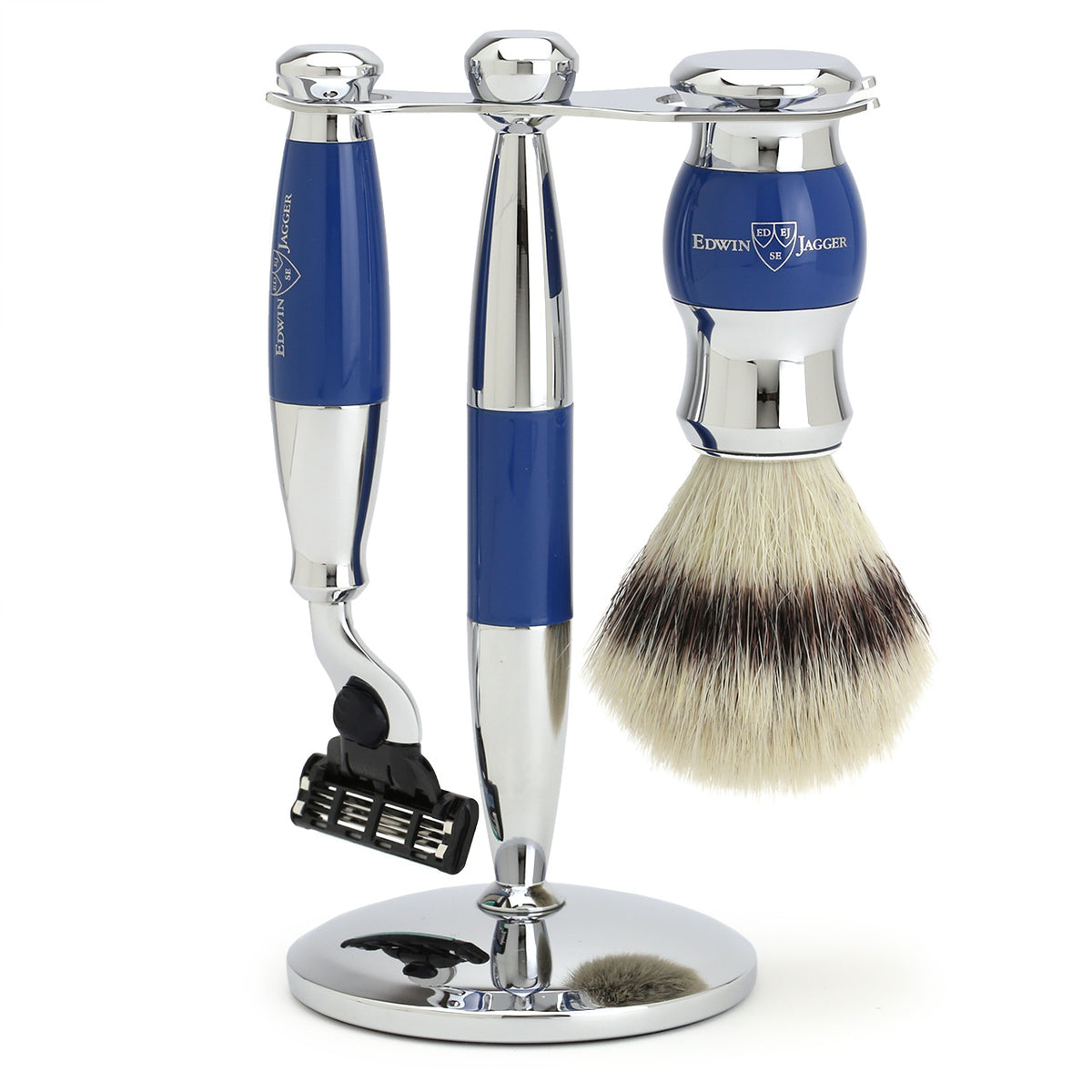 Edwin Jagger Shaving Set with Mach3 Razor, Shaving Brush &amp; Stand - Blue