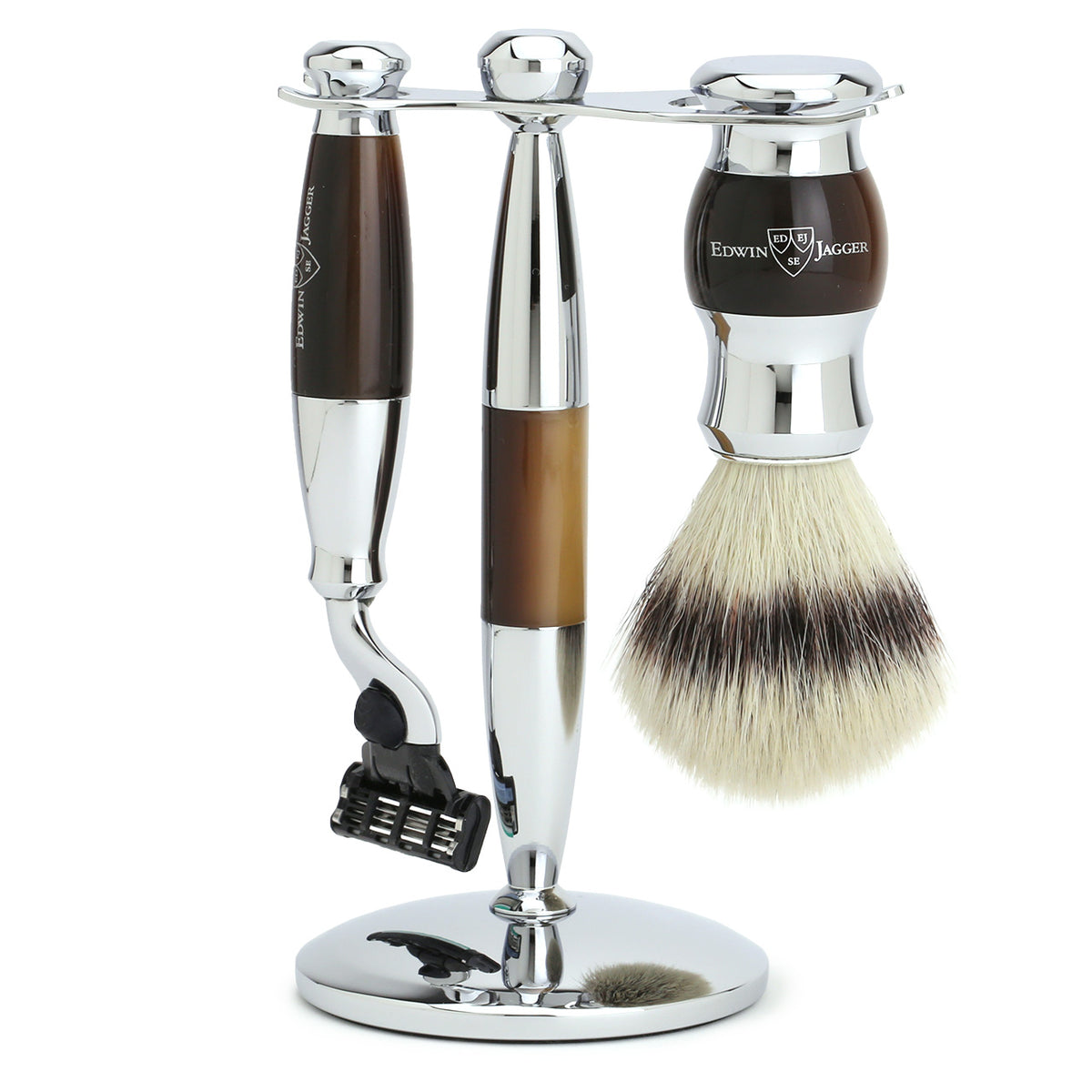 Edwin Jagger Shaving Set with Mach3 Razor, Shaving Brush &amp; Stand - Imitation Light Horn