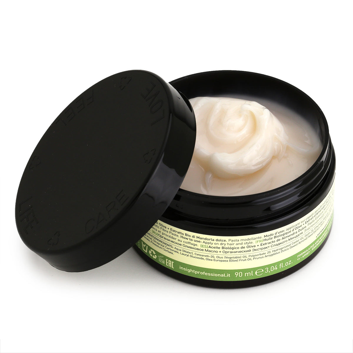 Insight Elastic Fibre Paste showing the open tub with white pliable pomade inside