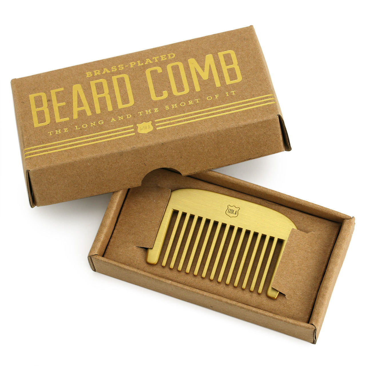 Short brass beard comb engraved with "the long and the short of it"