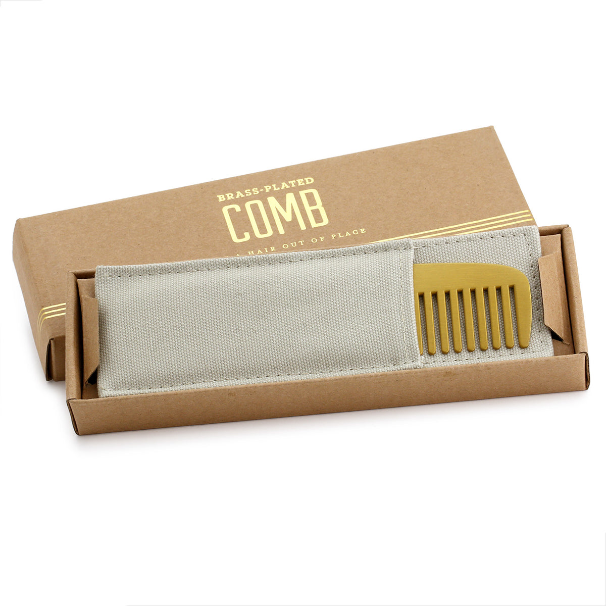 Brass &quot;Not a hair out of place&quot; comb in light grey canvas sheath and presentation box with lid