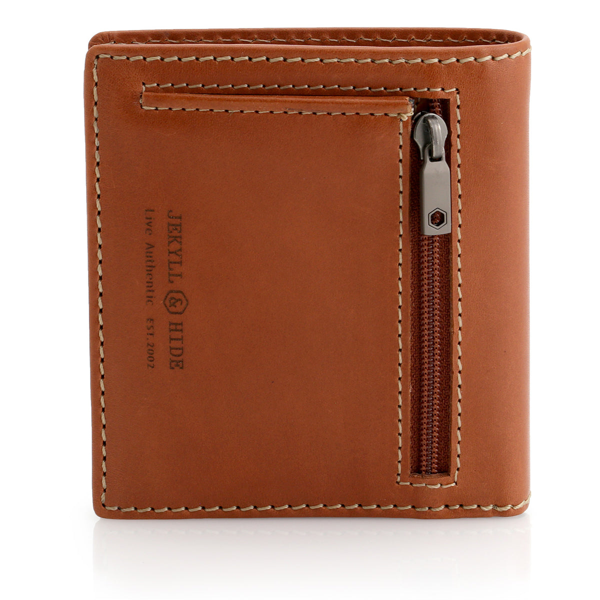 Jekyll and Hyde Bifold Card Holder with zippered coin pouch, Roma Tan back view