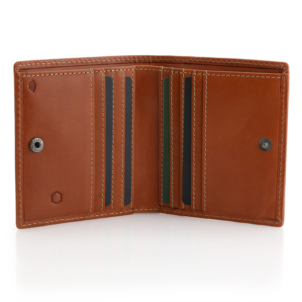 Jekyll and Hyde Bifold Card Holder with zippered coin pouch, Roma Tan inside view