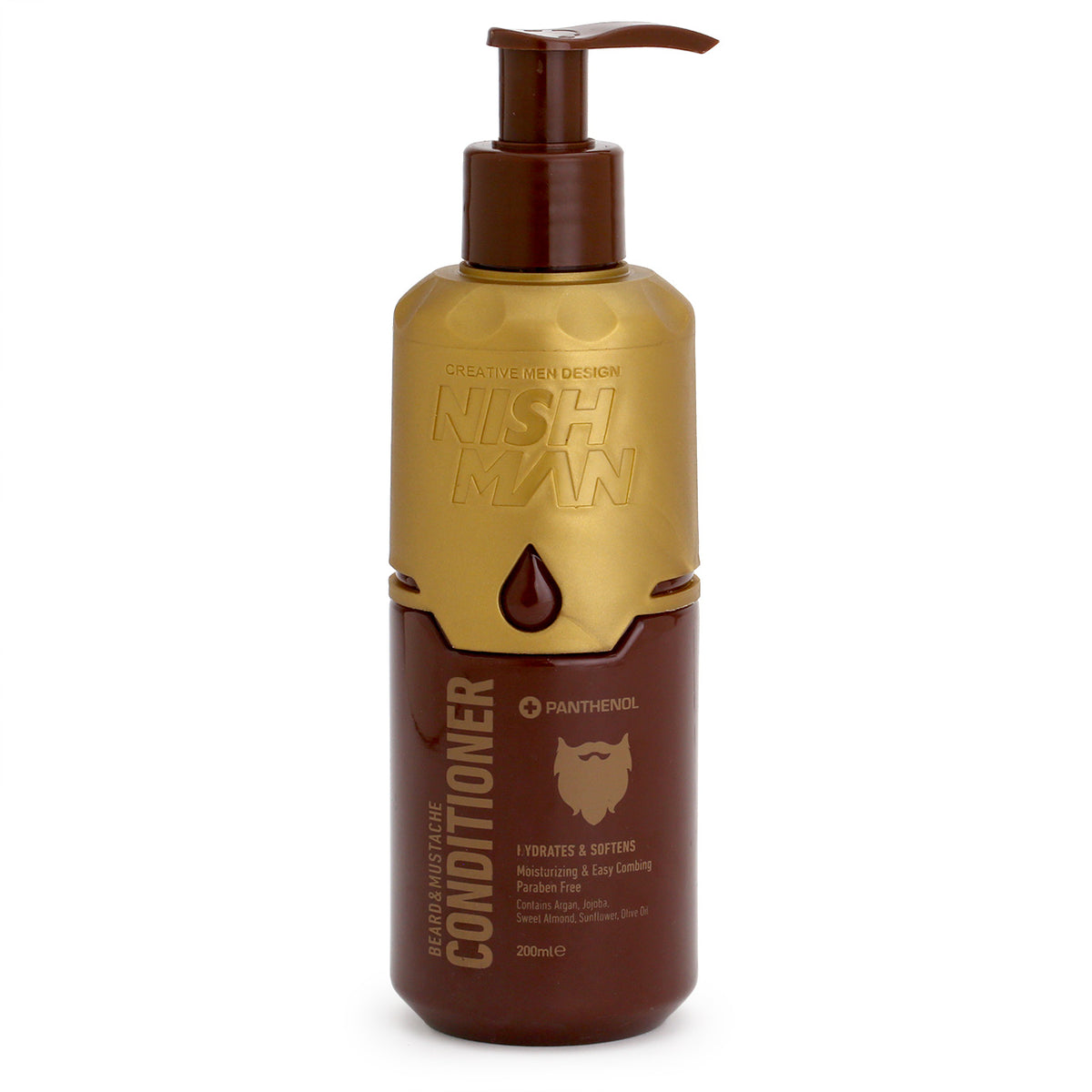 Nishman Beard &amp; Moustache Conditioner in a chocolate and gold bottle with pump dispenser