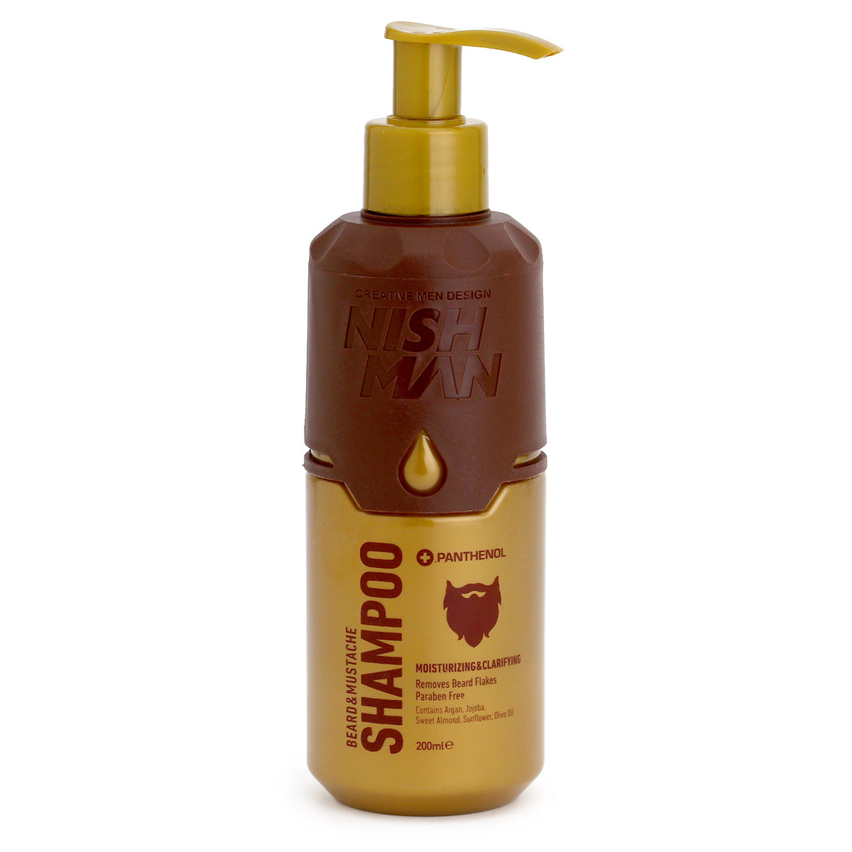 Nishman Beard &amp; Moustache Shampoo in a gold and chocolate bottle with pump dispenser