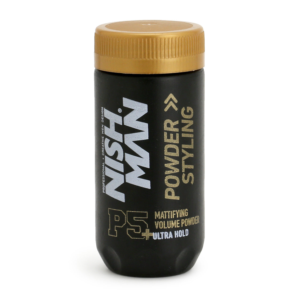 Nishman Powder Styling Ultra-Hold in it's canister and cardboard packagingthe colouring is mainly black with gold accents and lettering and white logo
