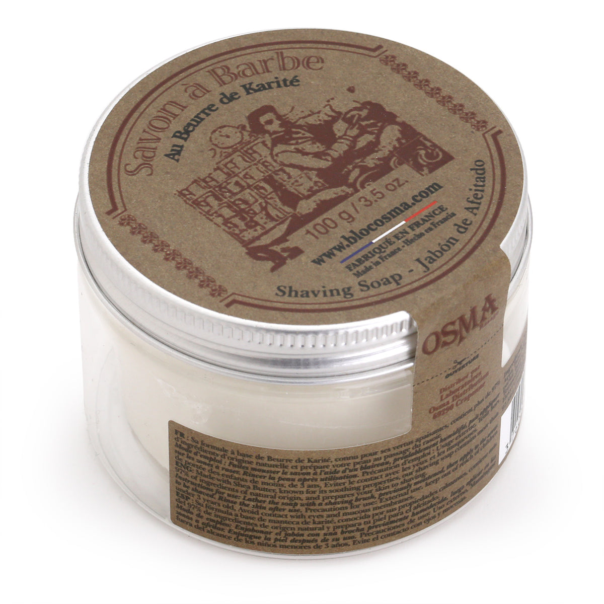 Osma Shaving Soap container is clear PET container with metal screw-on lid and printed kraft paper label