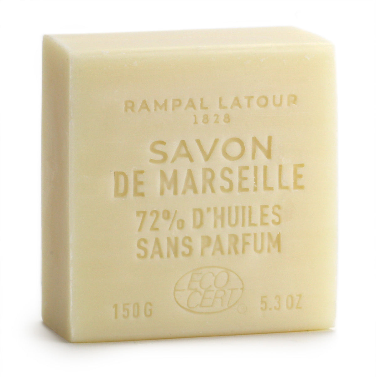 Rampal Latour 150g soap, back side of block says SAVON DE MARSEILLE - 72% D&#39;HUILES - SANS PARFUM - ECO-CERT.