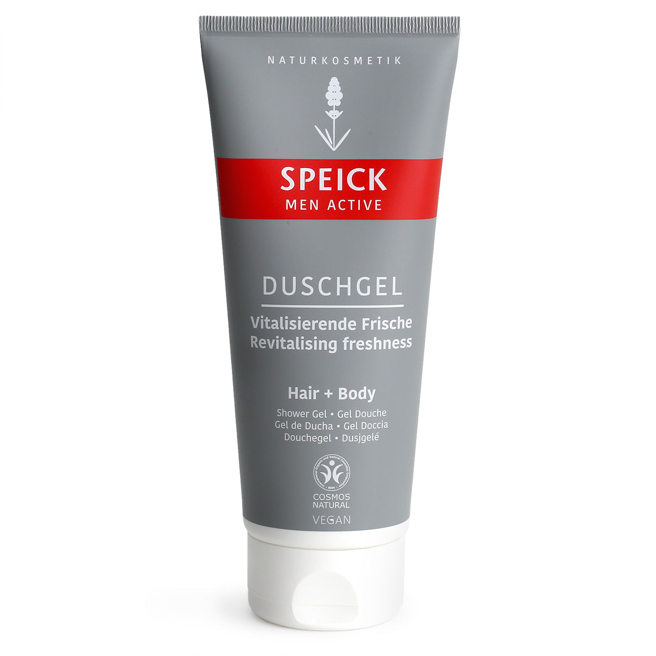 Hair and Body Shower Gel from Speick Men active in a grey tube with red and white logo
