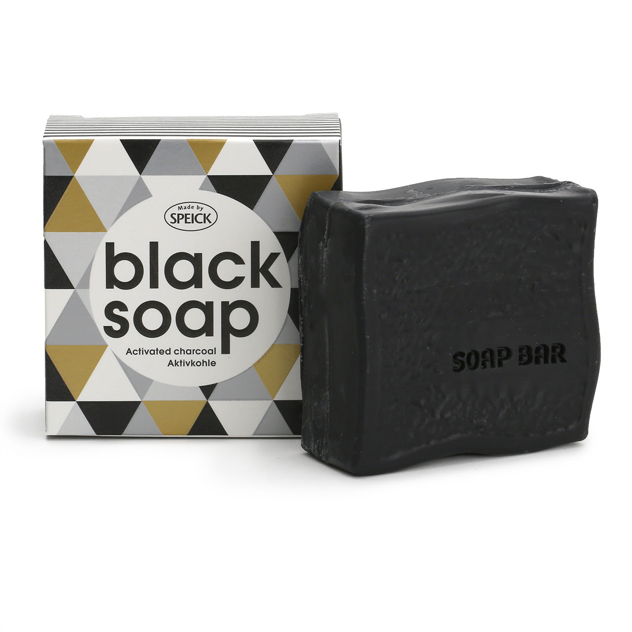 Speickactivated charcoal soap with its black white silver and gold box