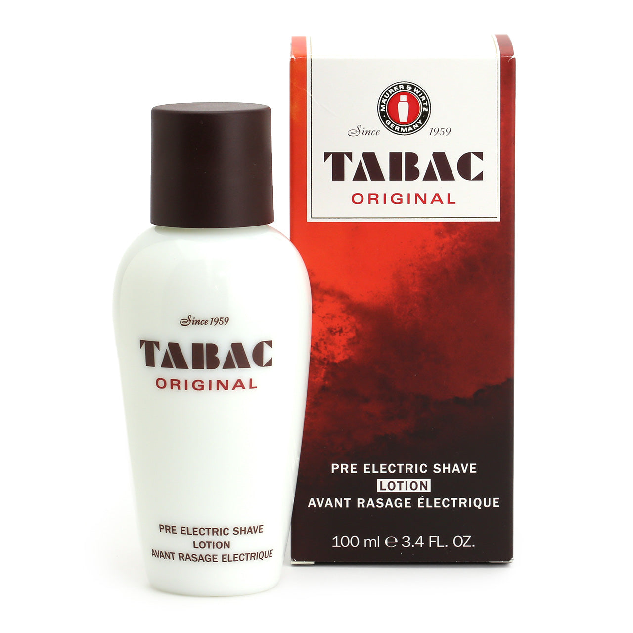 Tabac Original Pre-Electric Shave Lotion  in a heavy white glass bottle with restrictor
