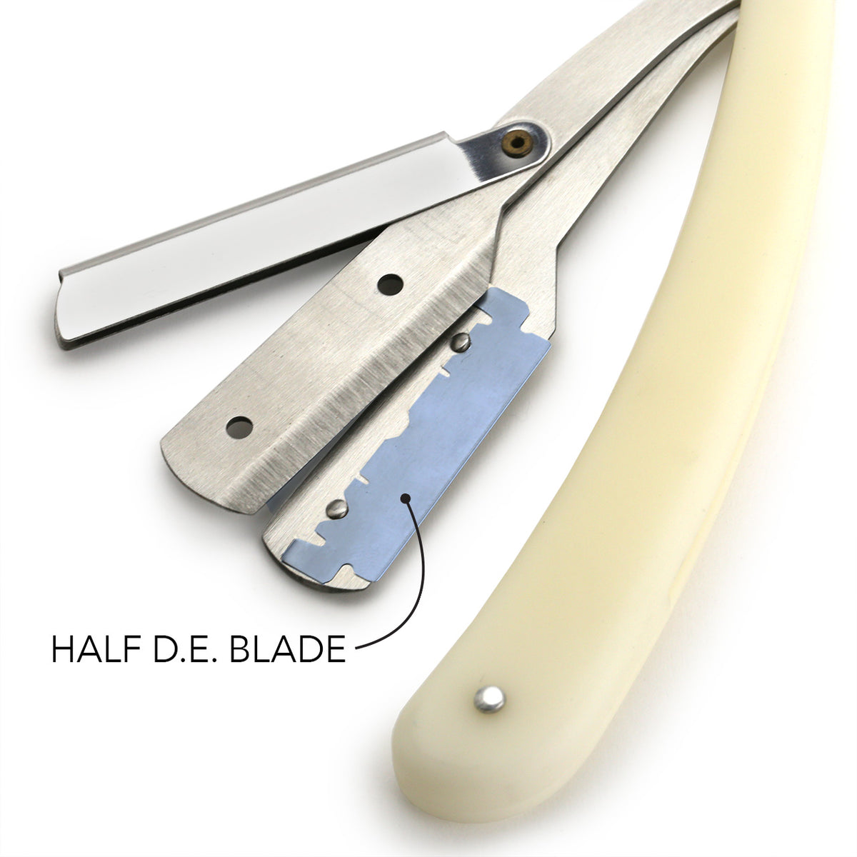 Detail of the white shavette showing where the blade sits. half DE blades not included.