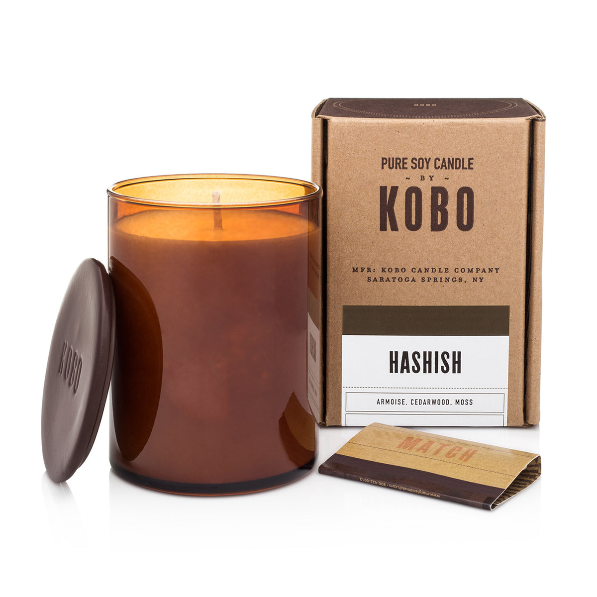 Kobo Large Pure Soy Candle in an amber glass jar with ceramic lid, matches and kraft box. Dusky scent