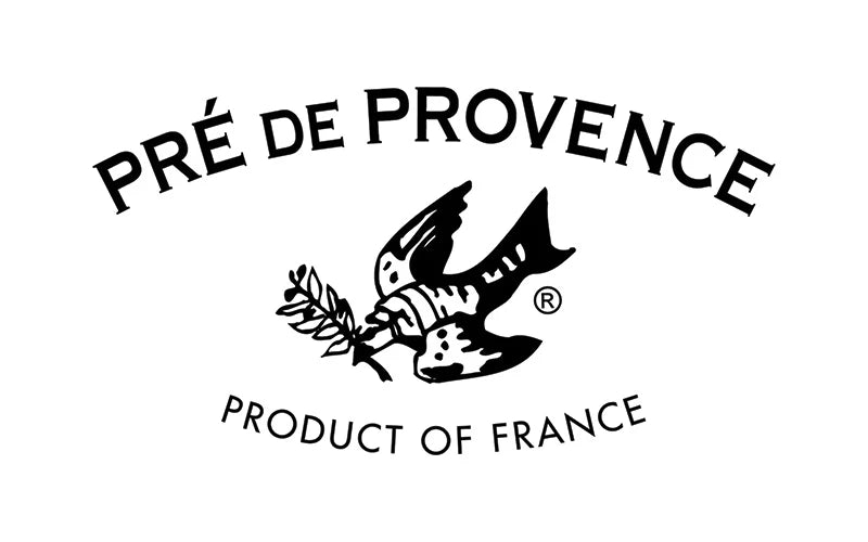 Logo, Pre de Provence - featuring a black and white illustration of a dove carrying a twig and text - Product of France