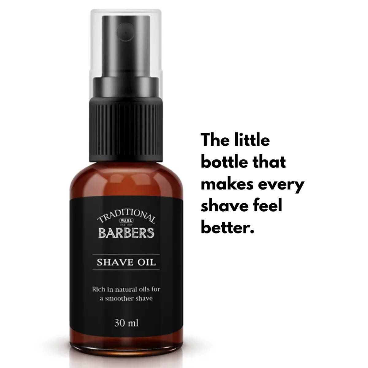 Bottle of Traditional Barbers shave oil with text on a white background