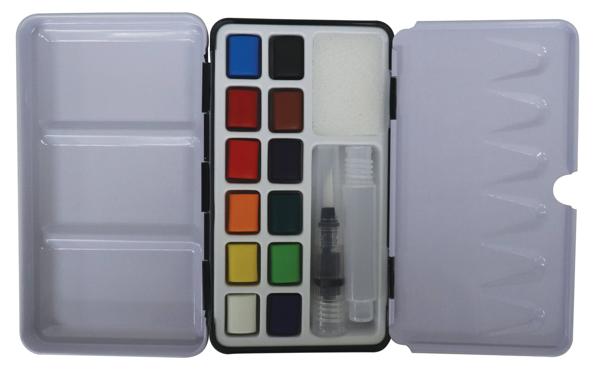 Watercolor paint set with colors and a brush in a clear case