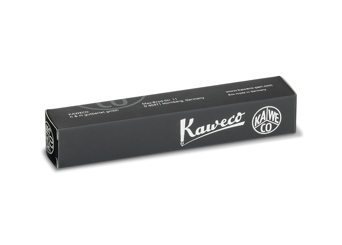 The black, square profiled Kaweco pen box with white logos and text