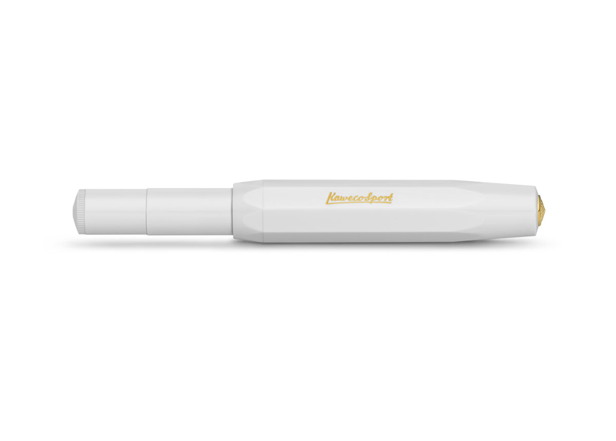 Side view of the white classic pen showing a shorter profile when closed