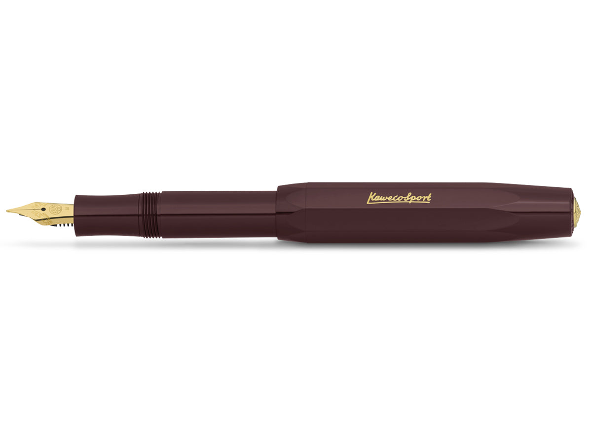 Bordeaux coloured Kaweco classic fountin pen, viewed from the side with the cap posted 