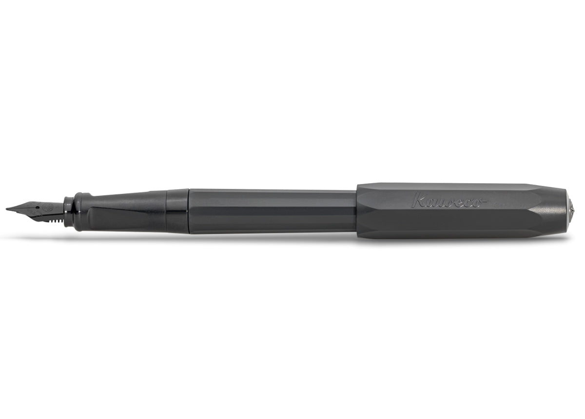 Side view of the all-black pen shows the black nib, finial and logo emboss